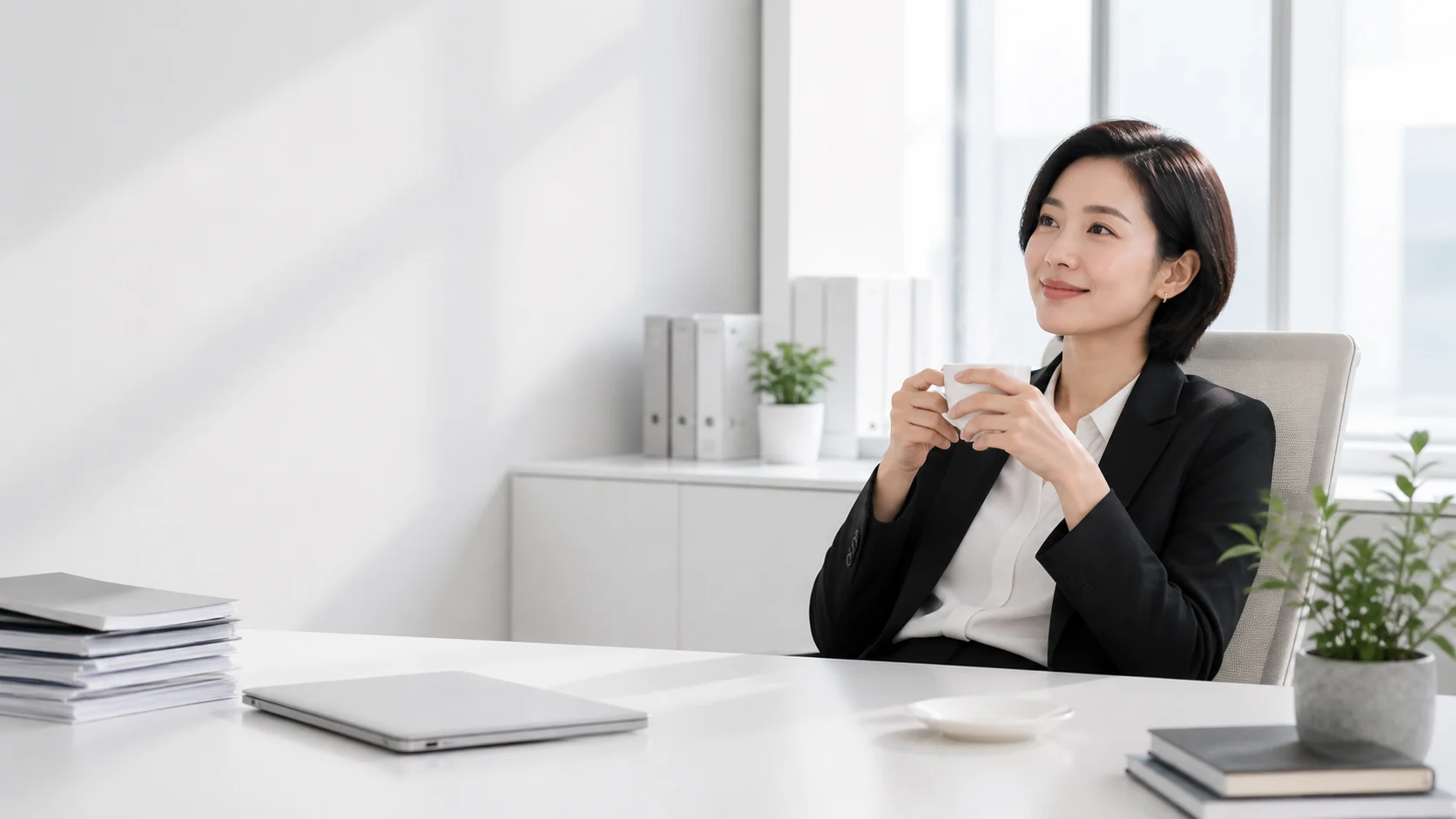 女性會計人員在陽光灑落的辦公室悠閒喝咖啡