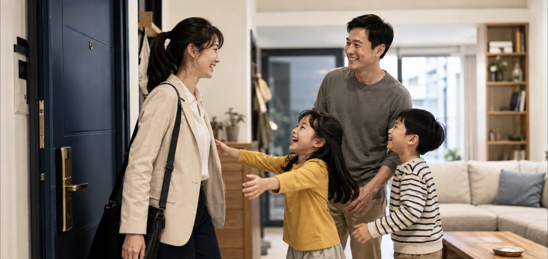 會計人員準時下班回家，家人與兩個孩子開心迎接